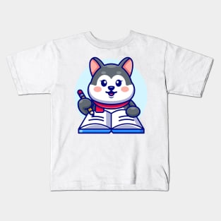 Cute husky writing on book with pencil cartoon Kids T-Shirt